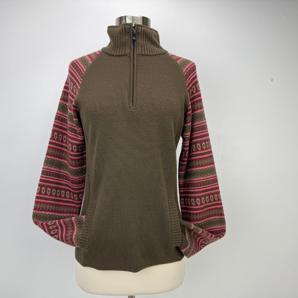 The North Face Womens M Wool Blend 1/4 Zip Sweater Brown Pink‎ Fair Isle Fitted - Picture 2 of 15